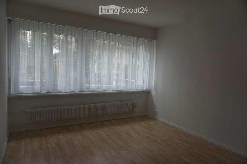 Unfurnished Room. Empty room with wooden flooring, white walls, large window with sheer curtains, and a radiator below the window.