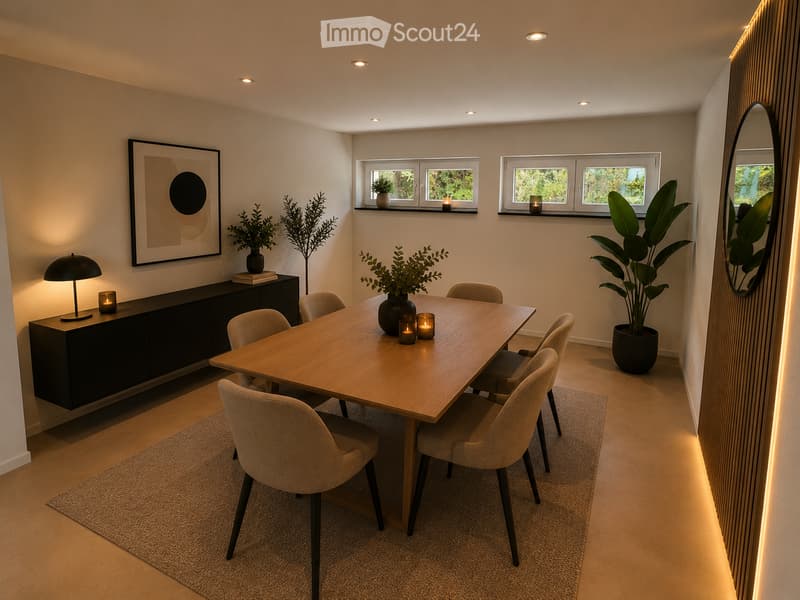 Modern dining room with a wooden dining table, six chairs, a dark cabinet with a lamp, a large mirror, and potted plants. The room features recessed lighting and large windows with potted plants on the sills.
