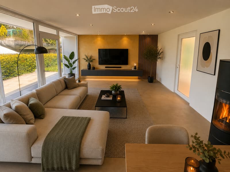 Modern living room with large windows, a beige sectional sofa, a black coffee table, a fireplace, a TV, and decorative plants.