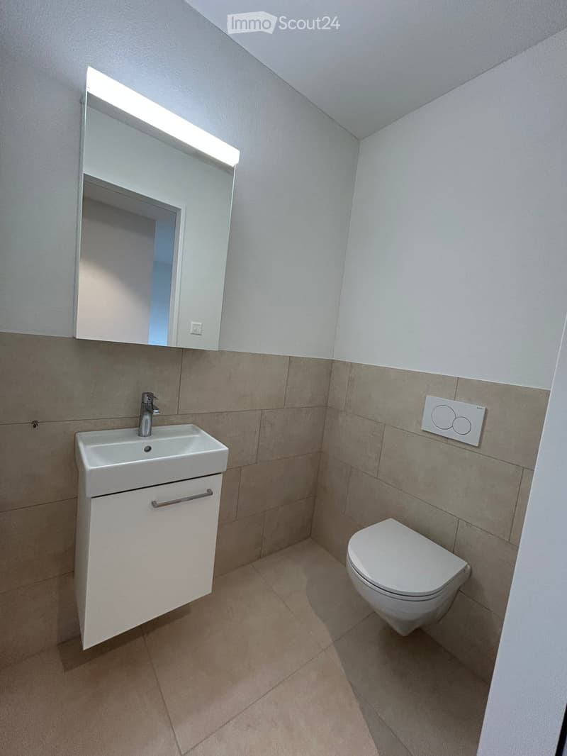 Modern bathroom with a white sink, faucet, cabinet, mirror, and toilet. Light-colored tiles and neutral tones.