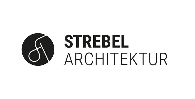 Logo of "STREBEL ARCHITEKTUR" with a stylized black circle and white abstract design, accompanied by bold black text.