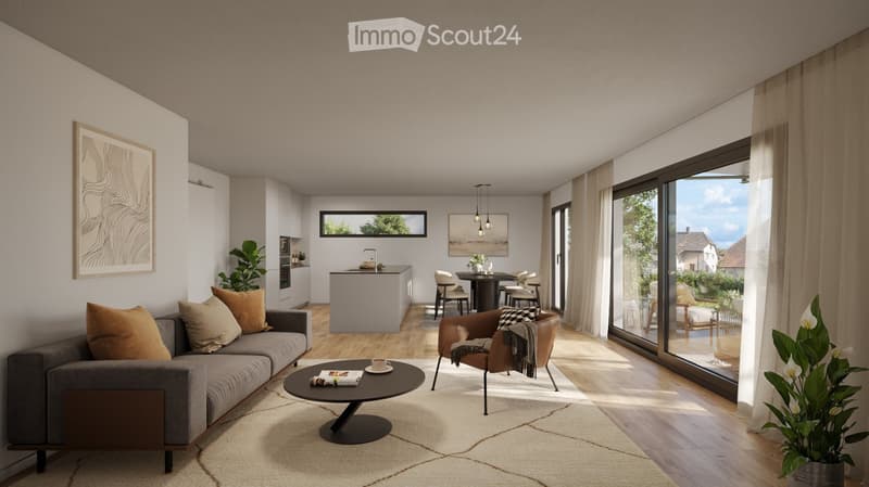 Modern living and dining area with a grey sofa, coffee table, dining table, and kitchen island. Large windows and sliding doors lead to a balcony.