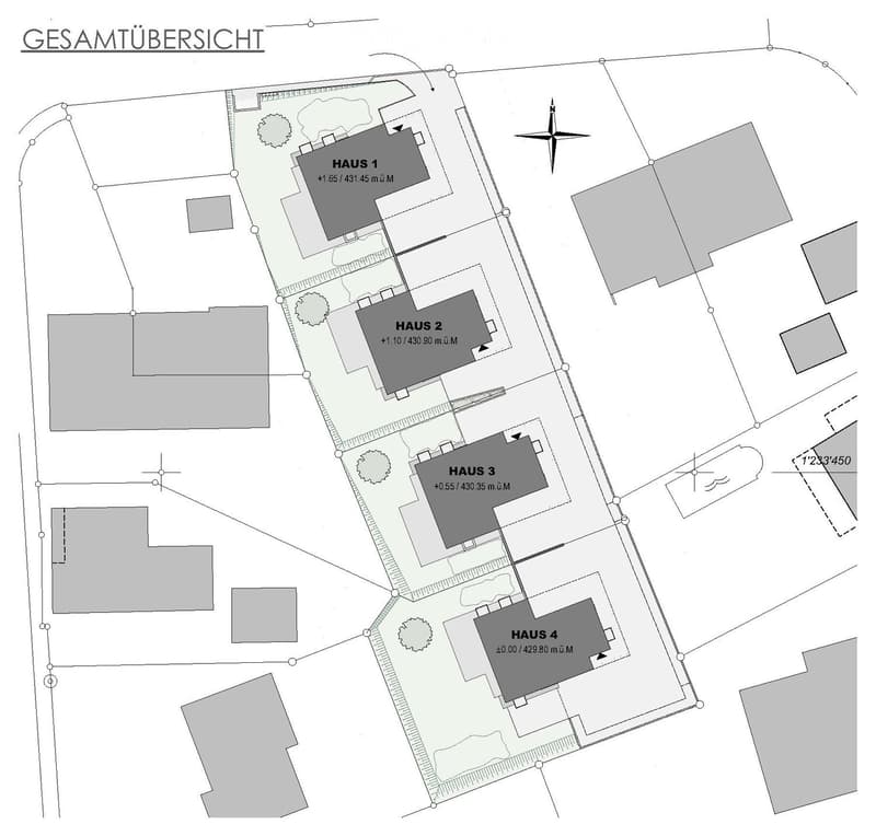 Floor plan showing four houses labeled HAUS 1, HAUS 2, HAUS 3, and HAUS 4 with respective elevations and areas.