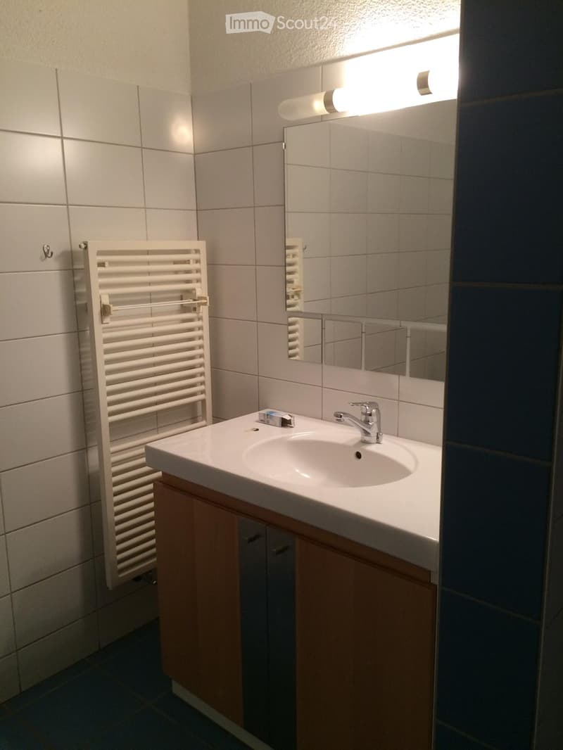 Modern bathroom with a white sink, chrome faucet, mirror, radiator, and wooden cabinet.