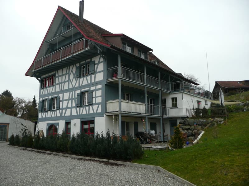 Two-story house with a traditional half-timbered design, multiple balconies, and a well-maintained garden.