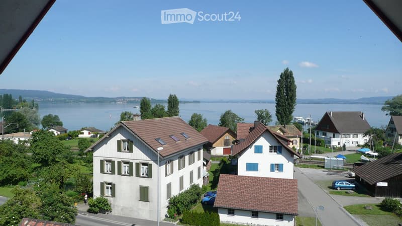 View from a balcony showing a residential area with houses, a lake, and distant mountains.
