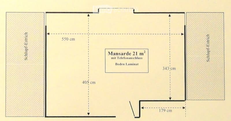 Floor plan of a mansard room measuring 21 m² with a telephone closet, laminate flooring, and dimensions labeled.