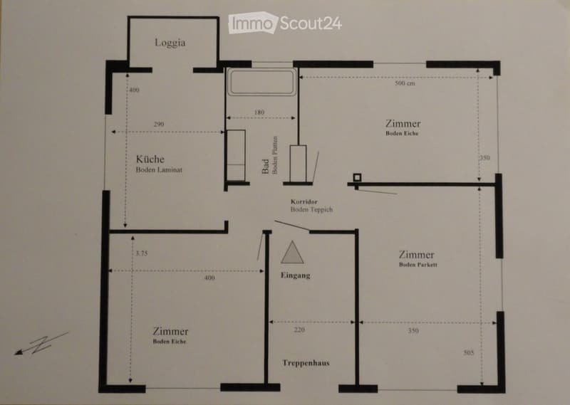 Floor plan showing a kitchen, bathroom, living room, bedroom, entrance, hallway, staircase, and loggia with various floor types indicated.