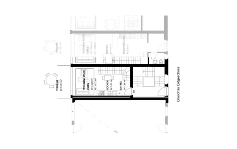 Ground floor floor plan showing entrance, kitchen, living/dining area, two bedrooms, and a terrace.