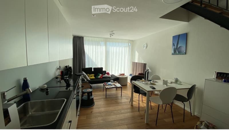 Open-plan living and dining area with a sofa, coffee table, dining table, chairs, kitchen cabinetry, and a sink.