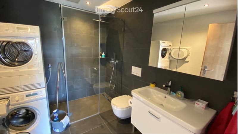 Modern bathroom with dark tiled walls, a glass-enclosed shower, a white sink with a mirror cabinet, a toilet, and stacked washing machine and dryer units.