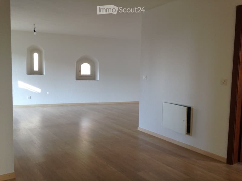 empty room, wooden floor, white walls, two arched windows, power outlets, small door