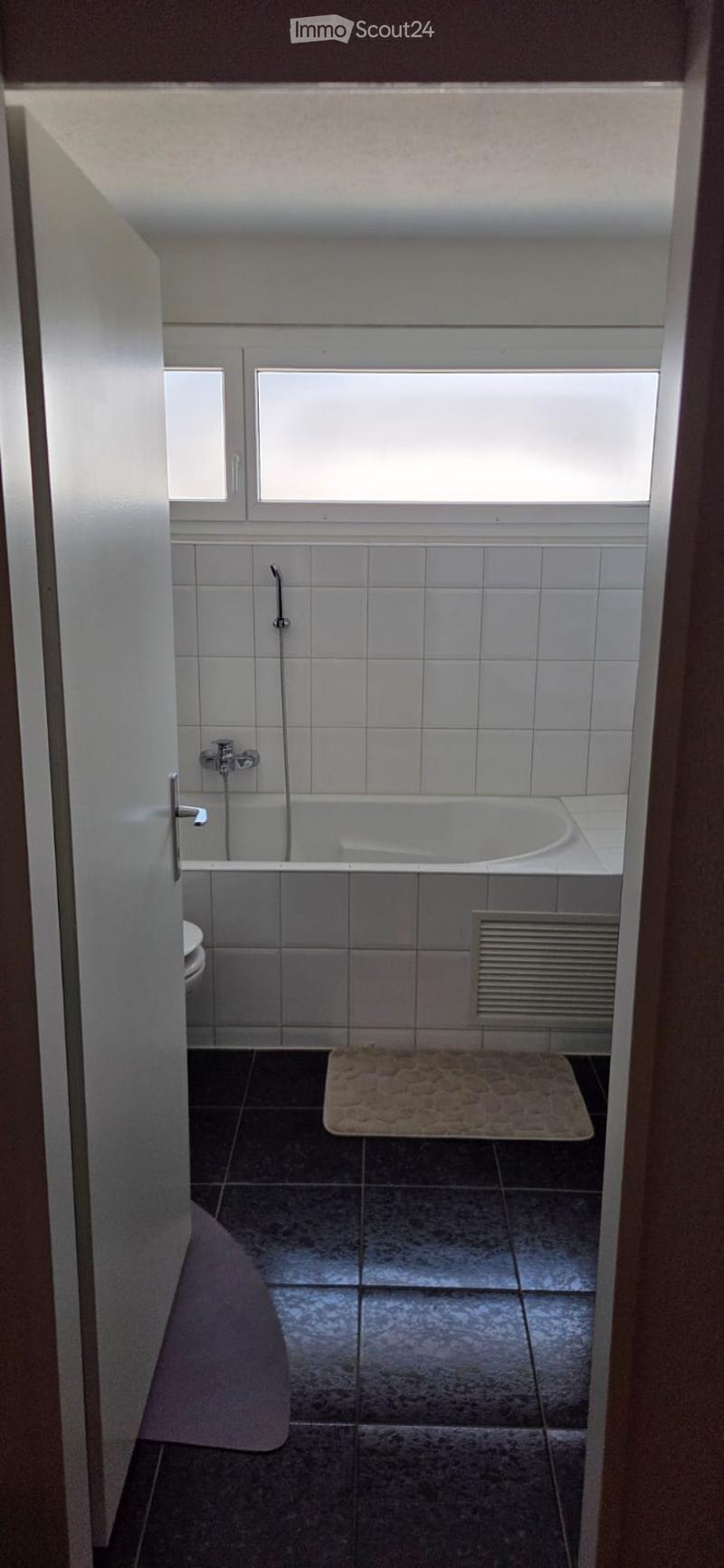 Bathroom with a bathtub, toilet, and shower hose. The room features tiled walls and a dark tiled floor with a bath mat placed in front of the bathtub.