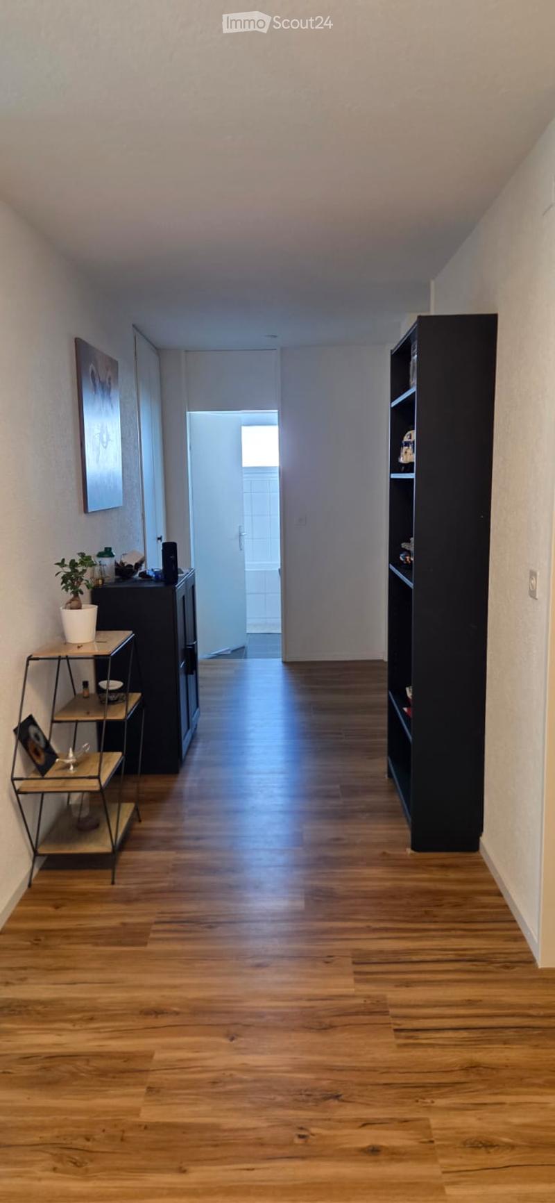 A well-lit hallway with wooden flooring, featuring a small side table with a plant, a shelf, and a picture frame on the wall.