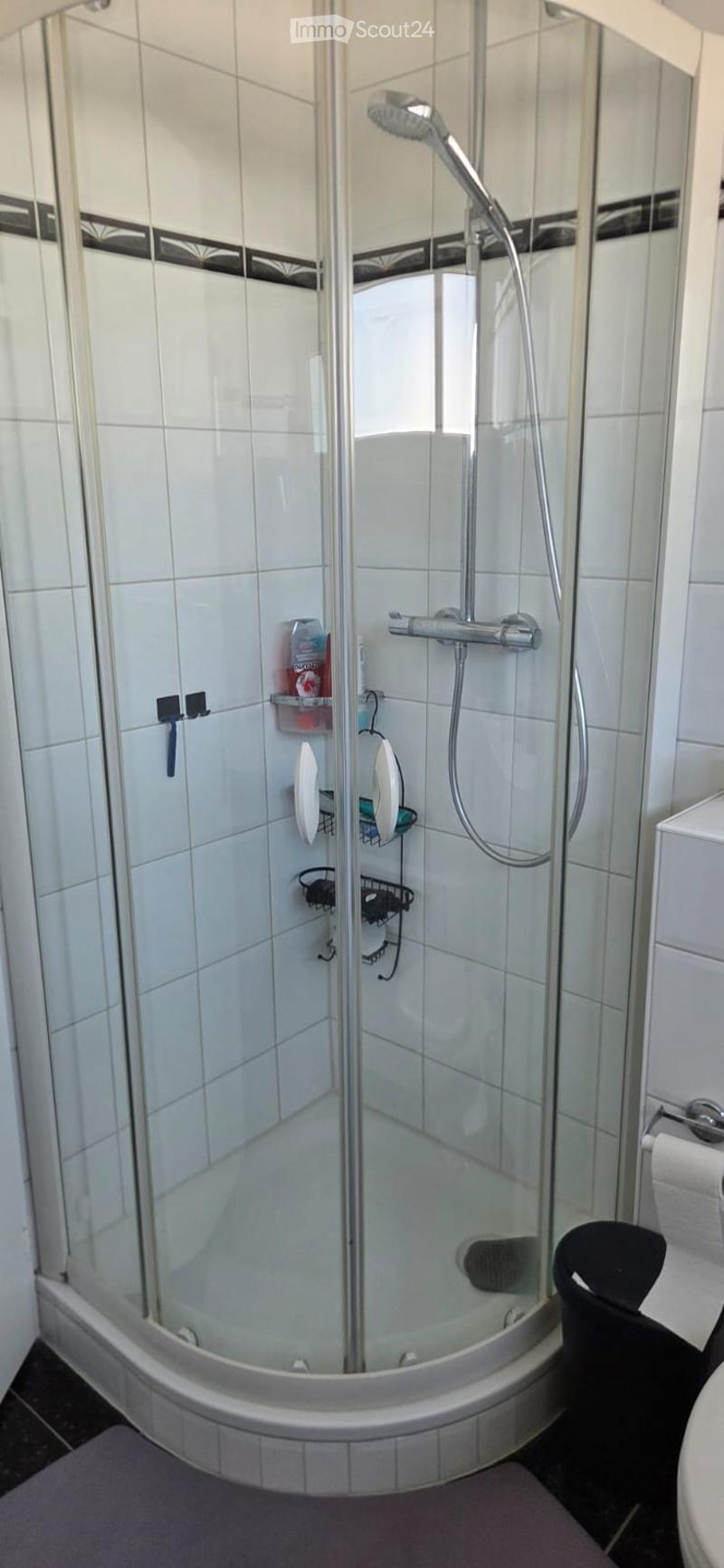 Modern bathroom with a glass-enclosed shower, white tiles, and a shower rack holding toiletries.
