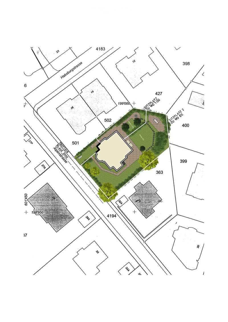 Floor plan showing a residential plot with labeled sections, including a garden area, driveway, and surrounding buildings.
