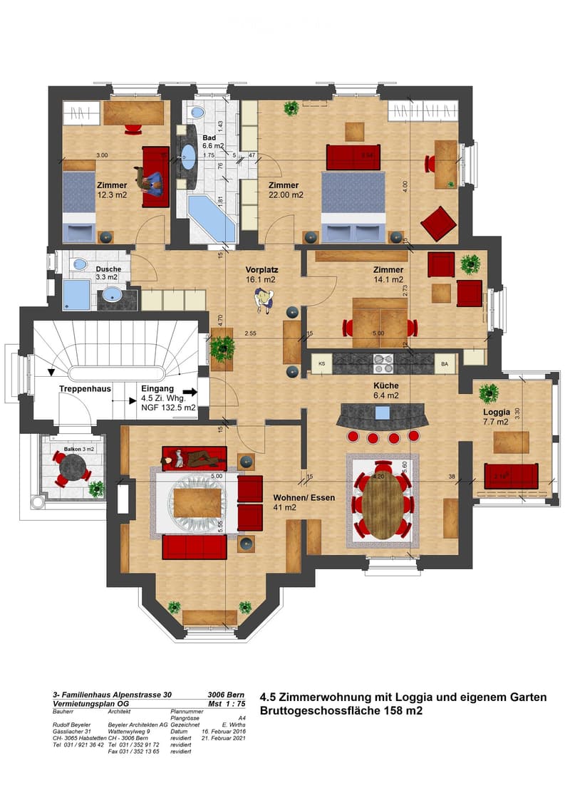 Floor plan of a 4.5-room apartment with a loggia and private garden, gross floor area 158 m². Includes living/dining area, kitchen, 3 bedrooms, 2 bathrooms, balcony, and entrance hall.