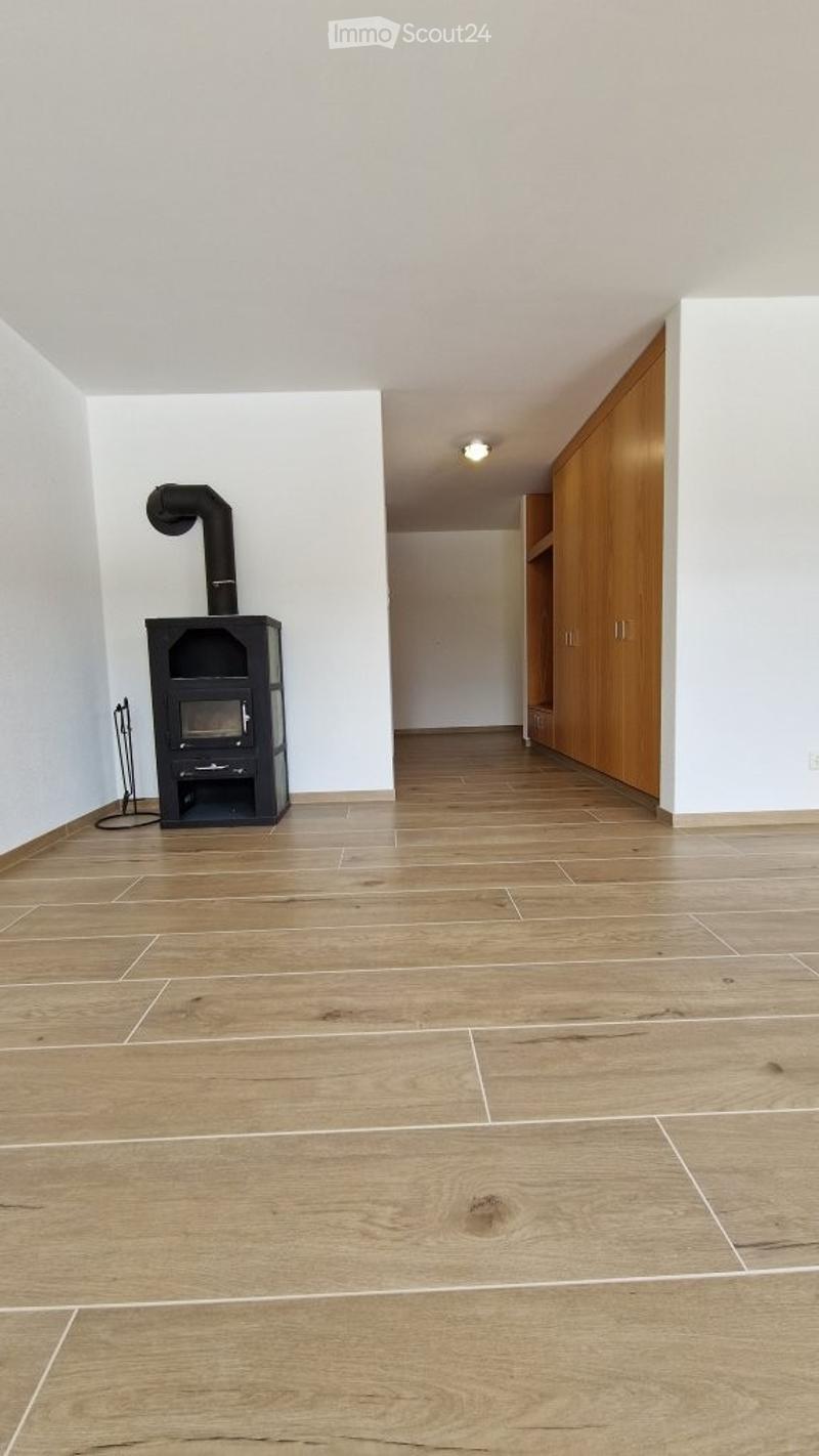 Empty room with wooden flooring, white walls, and a black wood-burning stove with a chimney pipe. Wooden cabinetry is visible in the background.