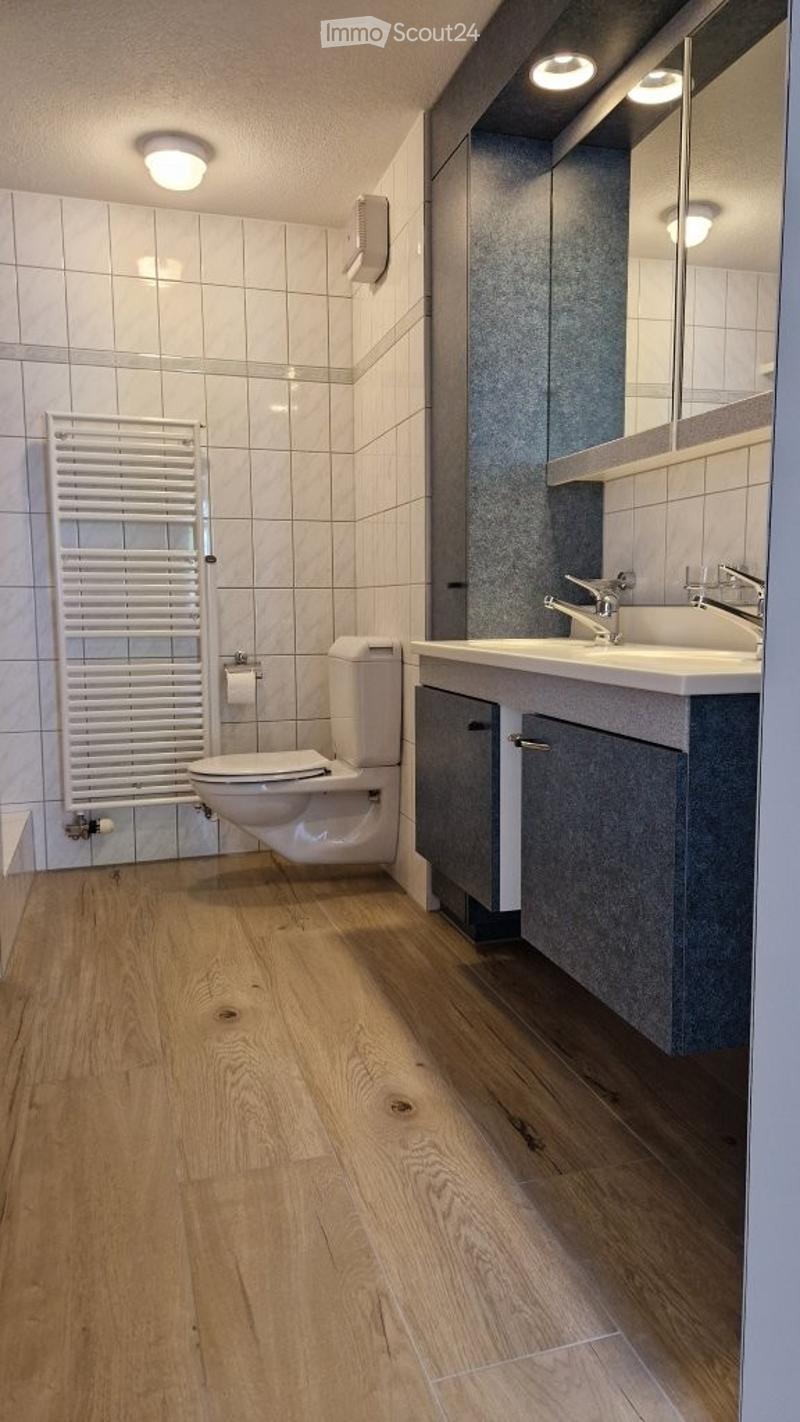 Modern bathroom with wooden flooring, white tiled walls, a toilet, a sink with a modern faucet, a radiator, and a large mirror above the sink.