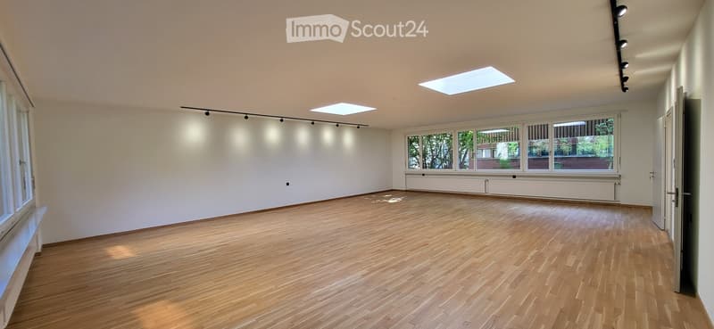 Empty room with wooden flooring, white walls, large windows, and skylights.
