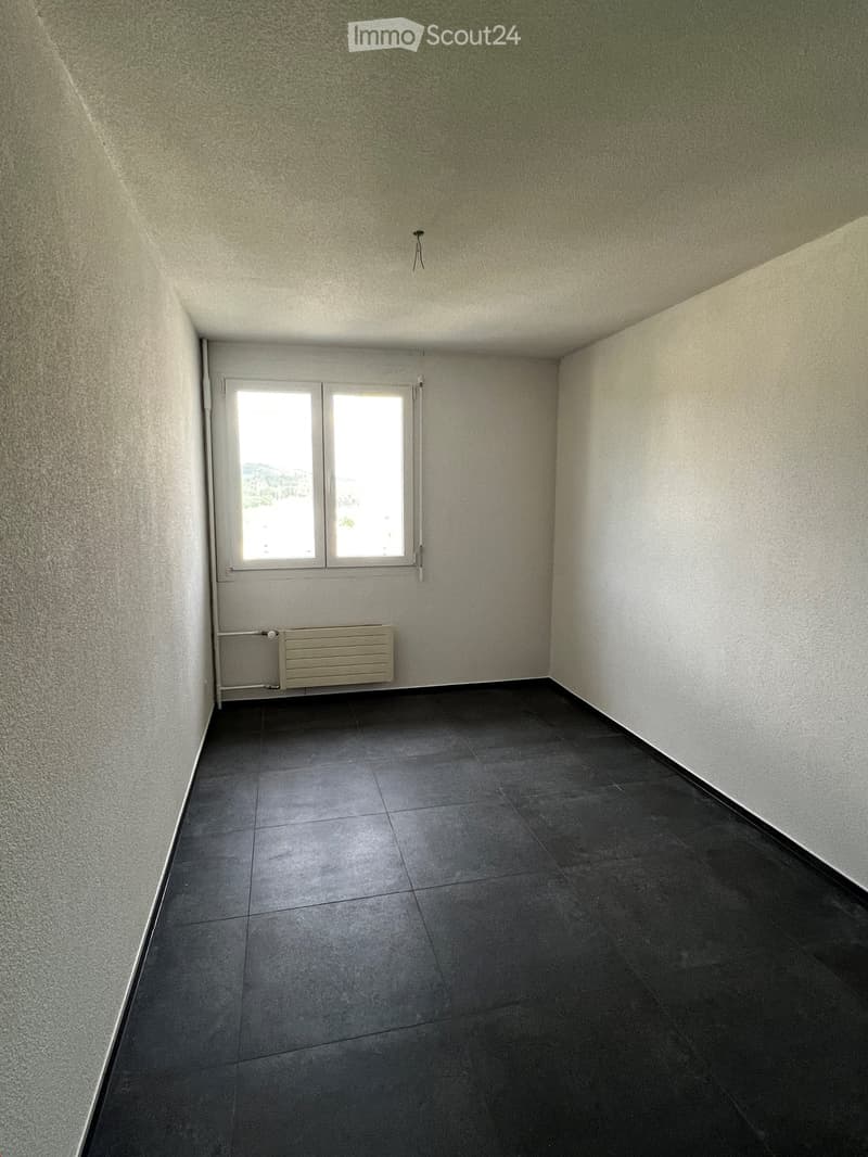 Empty room with dark tiled floor, light-colored walls, and a window with white frame. A radiator is mounted on the wall below the window.