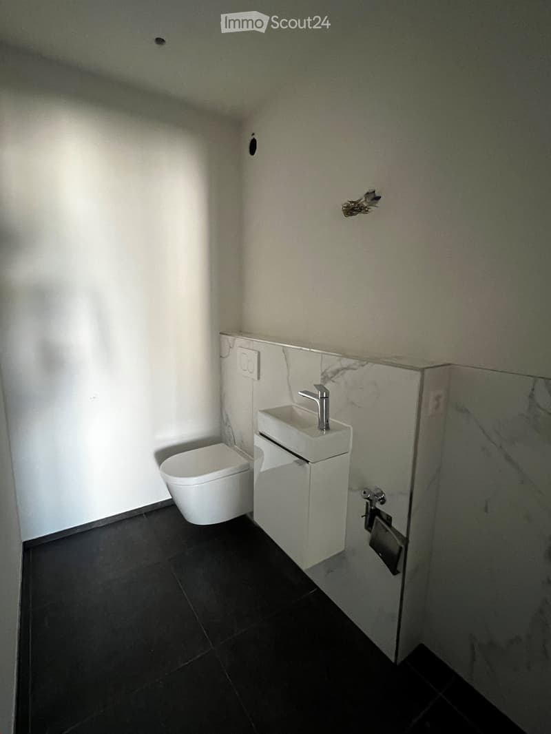 Modern bathroom with white toilet, white sink with chrome faucet, dark tiled floor, and marble wall tiles.