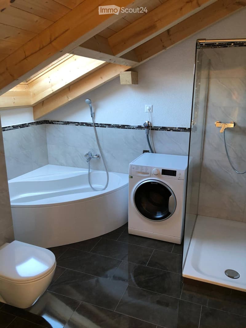 Modern bathroom with a bathtub, toilet, washing machine, and a glass-enclosed shower area. The room features dark tiled flooring and light-colored walls with a wooden slanted ceiling and skylight.