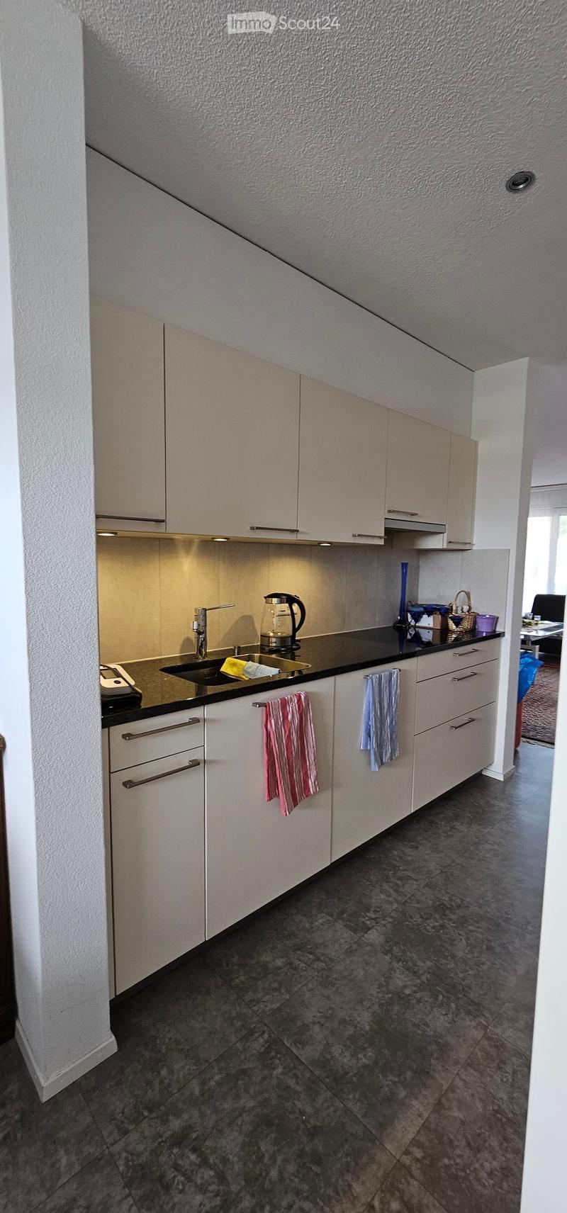 Modern kitchen with white cabinets, black countertop, sink, electric kettle, and towels hanging on the side.