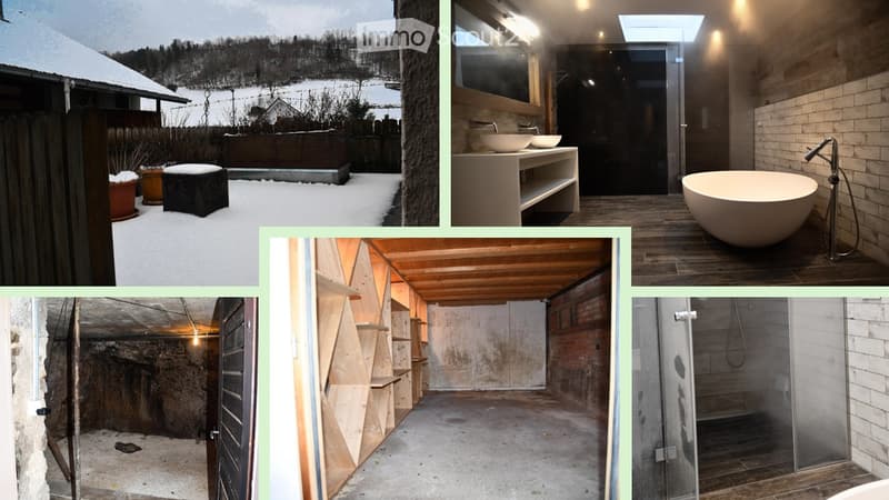 A collage of four distinct spaces: a snowy outdoor patio with a wooden fence and potted plants, a modern bathroom with a floating sink, a minimalist shower area, and an unfinished basement with exposed wooden shelving and a concrete floor.