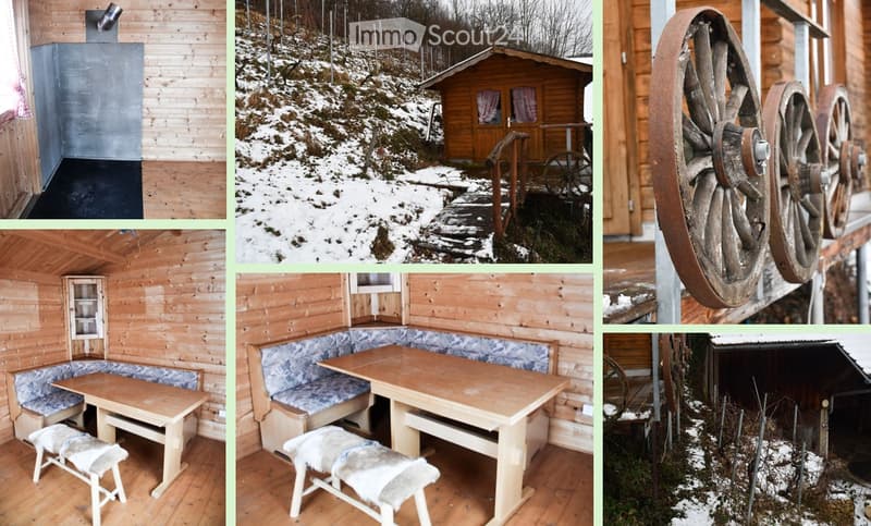 A collage of images showcasing a cozy wooden cabin in a snowy landscape. The interior features wooden walls, a dining area with a table and benches, and a small cabinet. The exterior shows a wooden cabin with a staircase leading to the entrance, surrounde