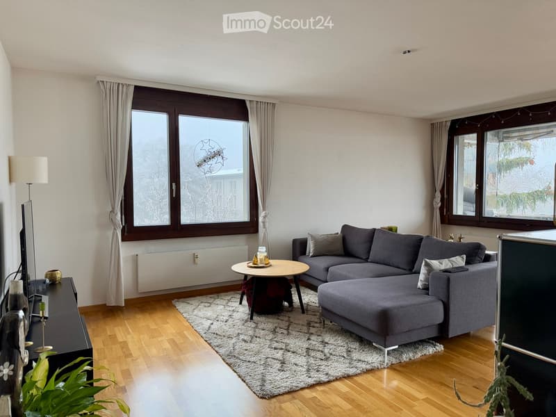 Modern living room with wooden flooring, large windows, grey sectional sofa, coffee table, TV, floor lamp, and decorative items.