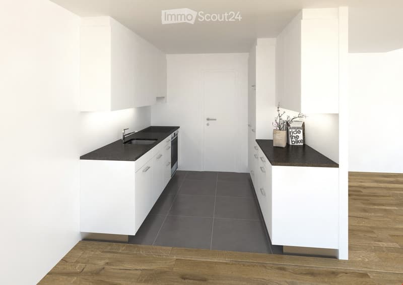Modern kitchen with white cabinets, black countertops, and a wooden floor. Features a sink, faucet, oven, and decorative items on the counter.