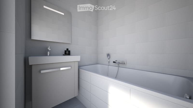 Modern bathroom with white tiles, a bathtub, a sink with a cabinet, and a mirror with built-in lighting.