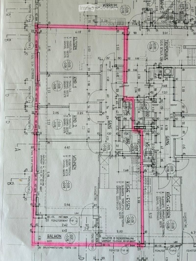 Floor plan of a multi-room residential building, including labeled rooms such as Vorraum, Wohnraum, Schlafzimmer, Badezimmer, and others. Dimensions and structural details are indicated.