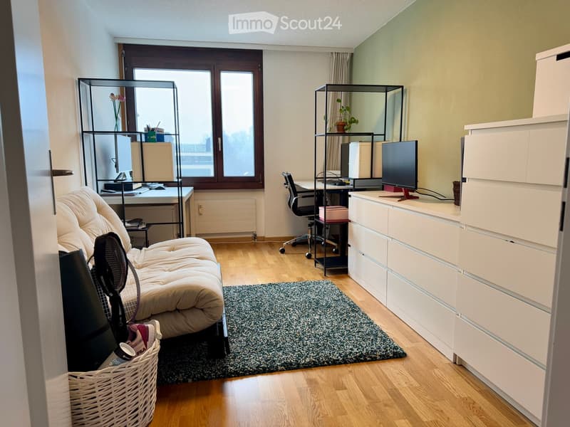 A modern, well-furnished room with a sofa, desk, chair, screen, mirror, and drawer. The room features a wooden floor, a grey rug, and a large window with a view.