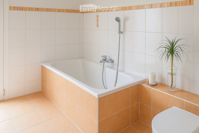 Modern bathroom with a white bathtub, showerhead, and a toilet. The walls are tiled in white with a decorative border, and the floor is tiled in light orange. A small plant in a glass vase and a candle are placed on the edge of the bathtub.