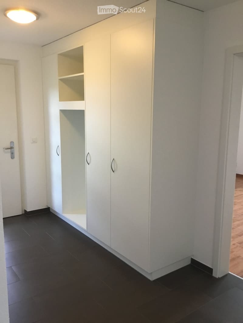 Empty hallway with dark tiled floor, white walls, built-in white cabinets with glass doors, and a light fixture on the ceiling.