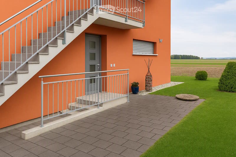 Two-story house with orange exterior, gray front door, metal staircase, small garden with green lawn, shrubs, and decorative elements.