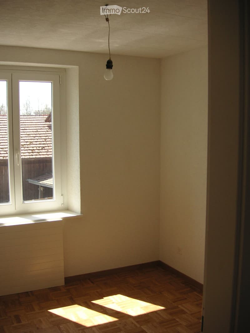 Empty room with wooden flooring, white walls, and a single hanging light fixture. A window with white frame offers natural light and a view of a tiled roof outside.
