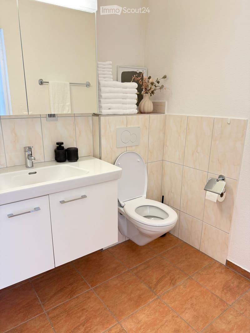 Modern bathroom with beige tiles, a white sink with a chrome faucet, a toilet, a mirror, and neatly stacked towels on a shelf above the sink.