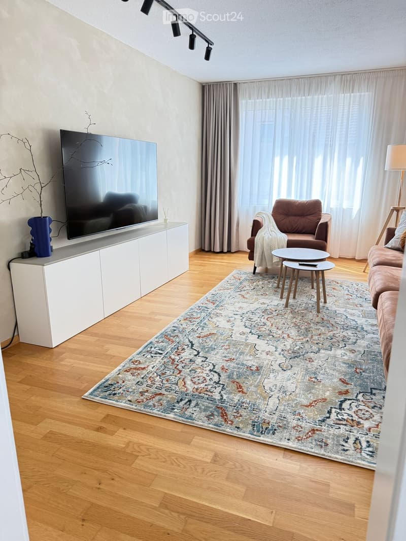 Modern living room with wooden flooring, large window with curtains, patterned rug, sofa, armchair, coffee table, TV on cabinet, and floor lamp.