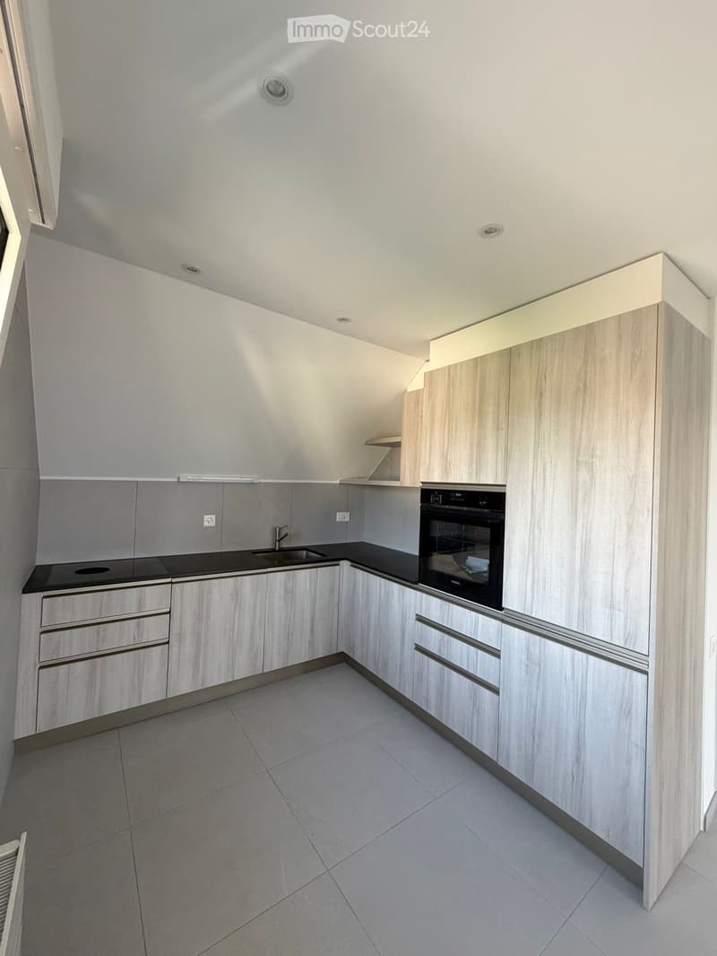Modern kitchen with light wood cabinets, black countertops, and built-in oven. Features a sink and sleek design.