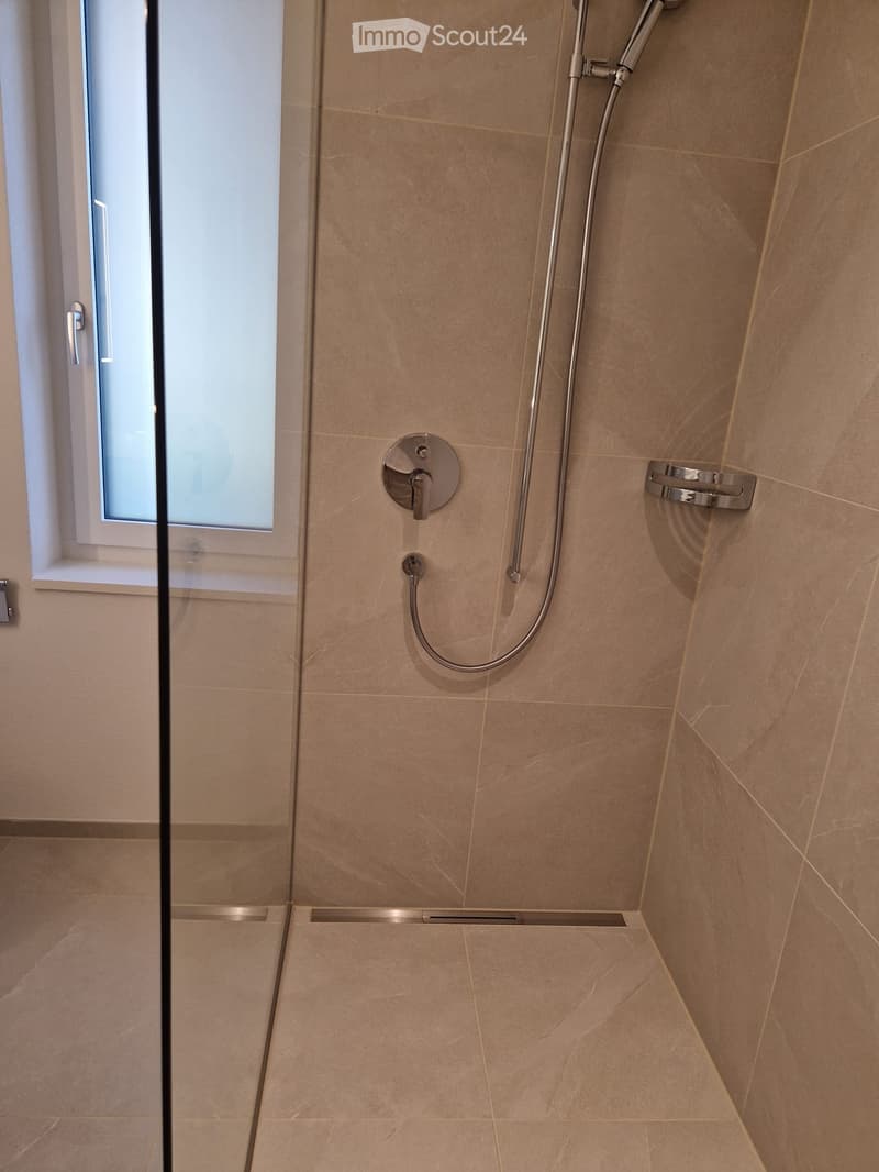 Modern shower area with beige tiles, glass door, and chrome fixtures including a handheld shower hose and control handle.