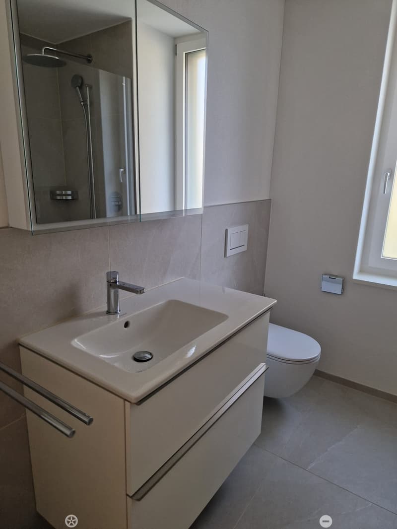 Modern bathroom with a white sink, chrome faucet, toilet, large mirror, and a glass-enclosed shower area.