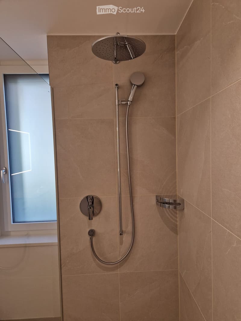 Modern shower area with a large, round showerhead, handheld shower hose, and control valve. Beige tiled walls and a frosted glass window provide privacy.