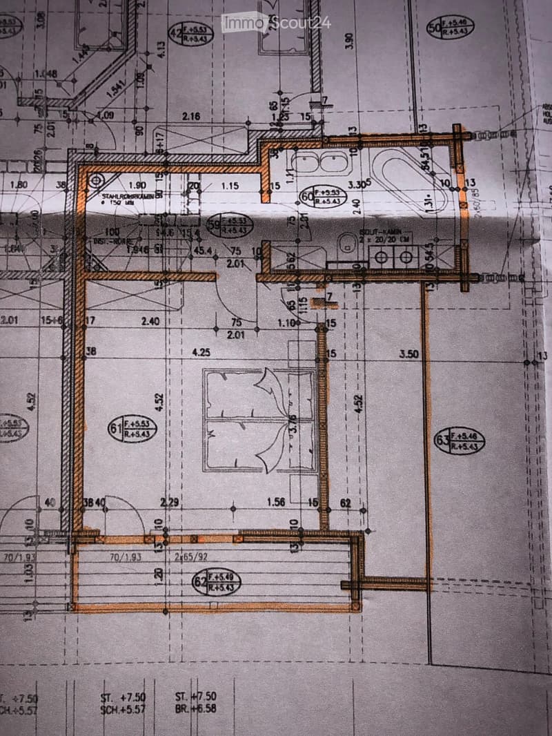 Floor plan showing multiple rooms including a living room, kitchen, bedrooms, and bathrooms with labeled dimensions and room numbers.