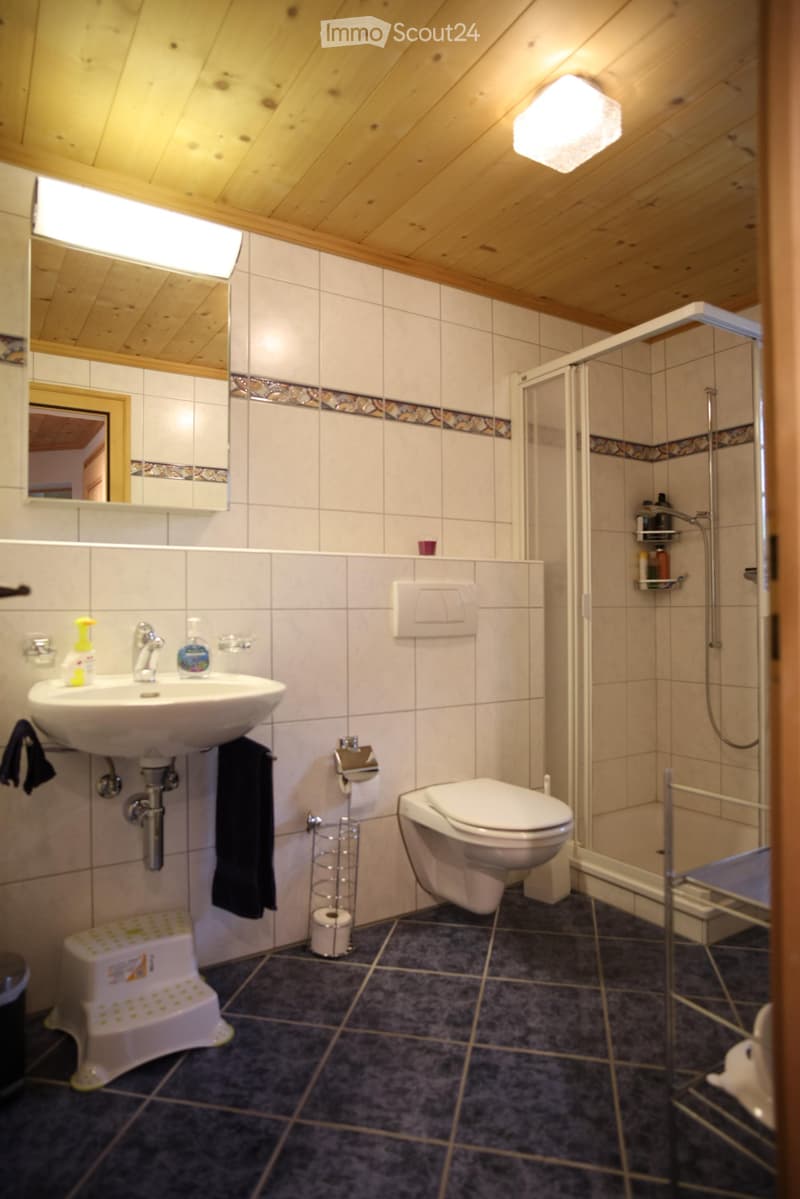 Bathroom with a sink, toilet, mirror, and a shower. Features tiled walls and a wooden ceiling.