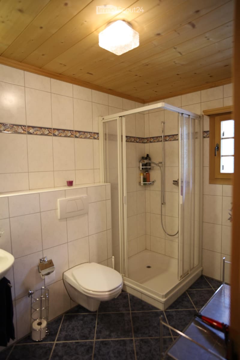 Bathroom with a toilet, shower stall, towel rack, toilet paper holder, and a small shelf inside the shower for toiletries.