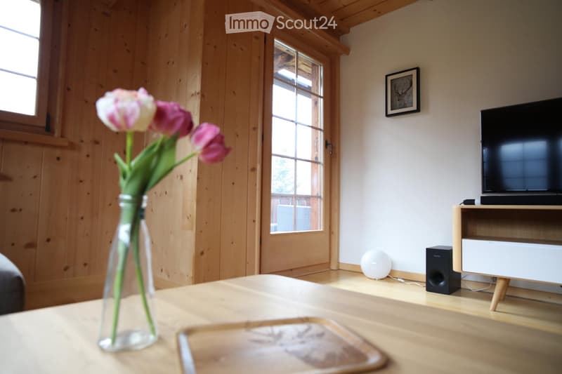 Bright living room with wooden walls, large windows, a wooden coffee table with a vase of tulips, a television on a stand, and speakers.