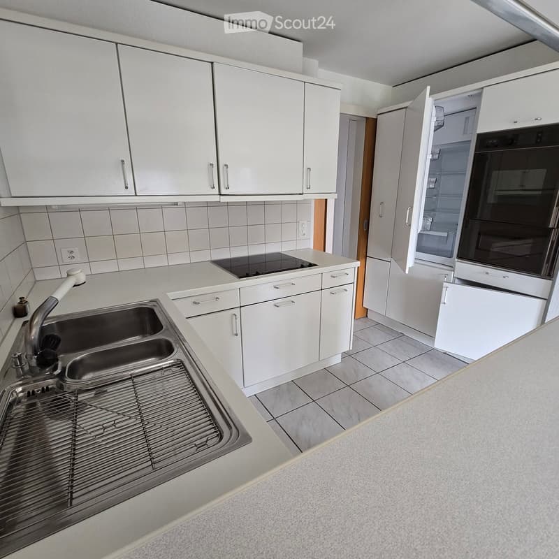 Modern kitchen with white cabinets, stainless steel sink, and built-in oven and refrigerator.